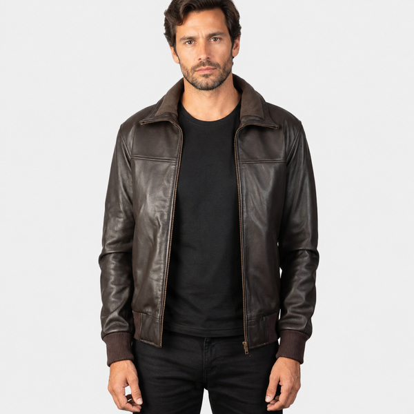 Men’s Dark Brown Sheepskin Leather Bomber Jacket with Fleece Collar