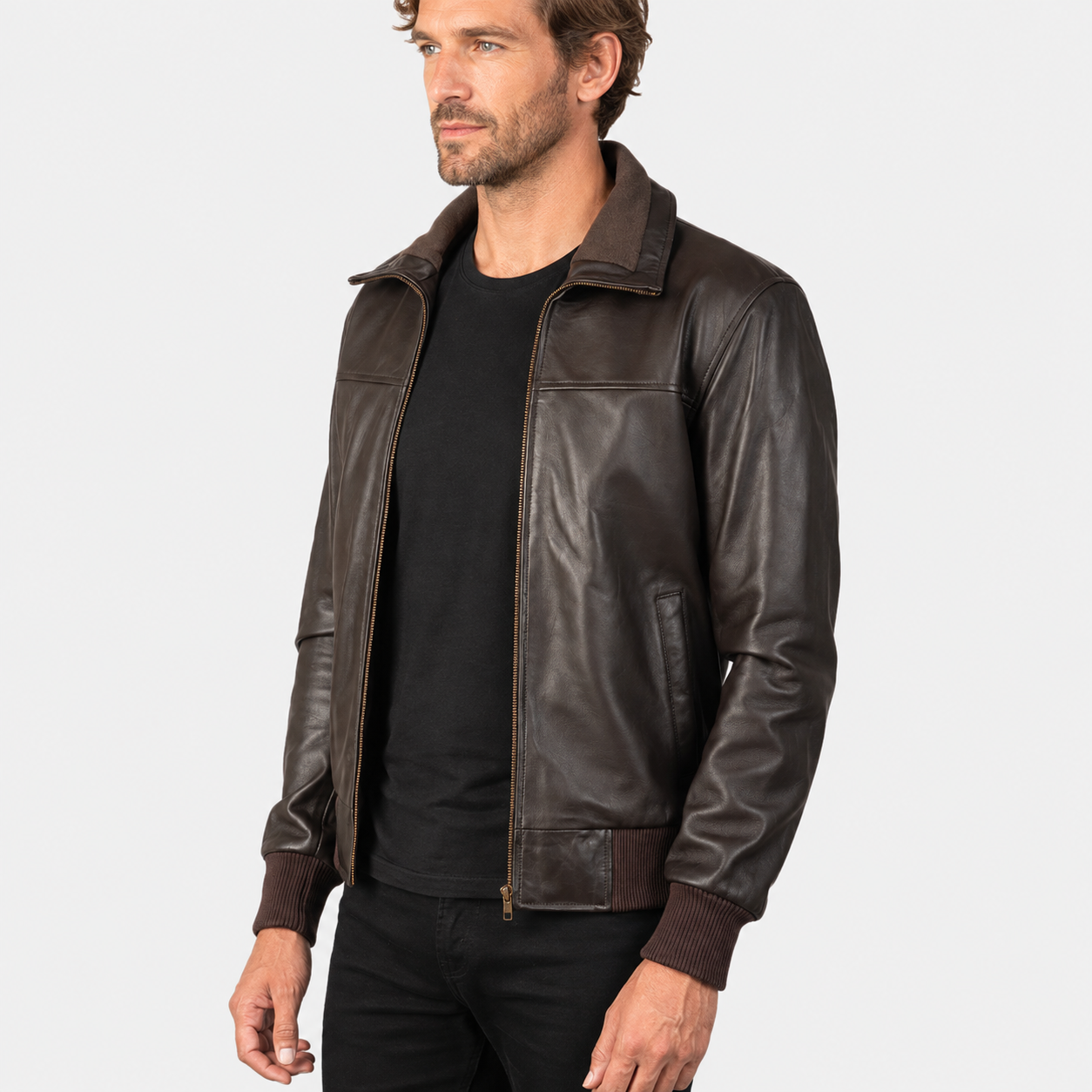 Men’s Dark Brown Sheepskin Leather Bomber Jacket with Fleece Collar