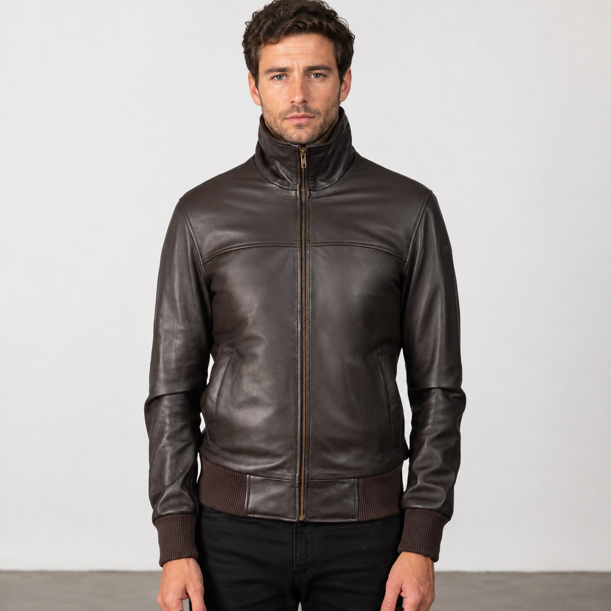 Men’s Dark Brown Sheepskin Leather Bomber Jacket with Fleece Collar