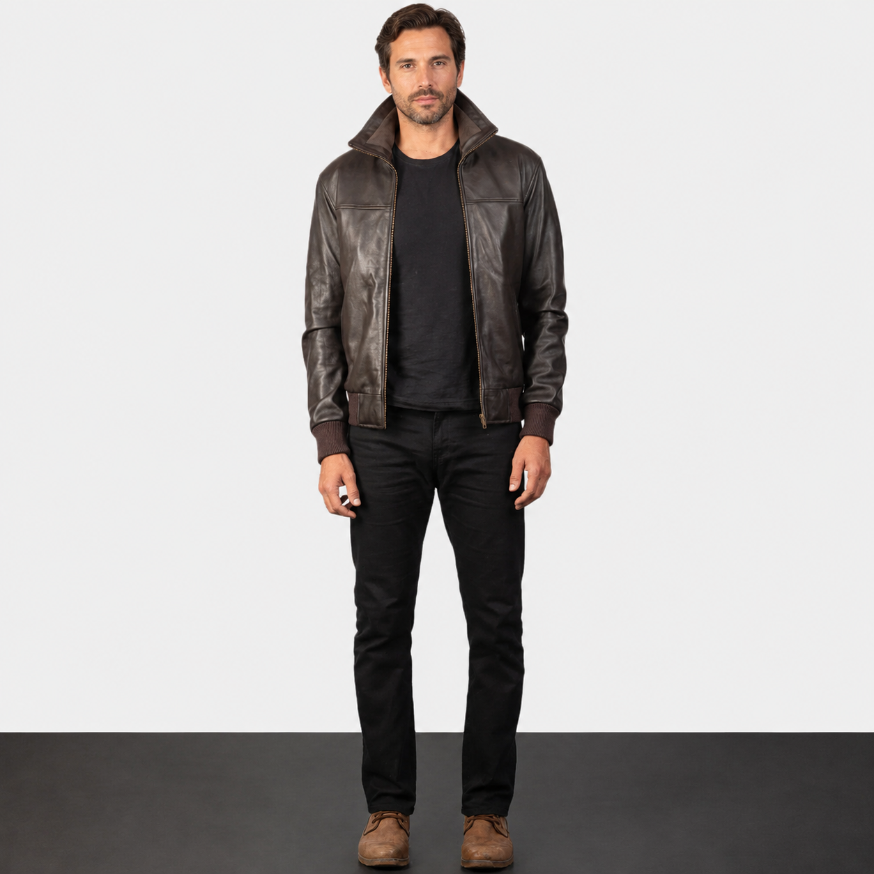 Men’s Dark Brown Sheepskin Leather Bomber Jacket with Fleece Collar