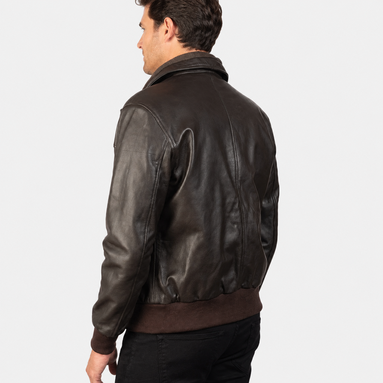 Men’s Dark Brown Sheepskin Leather Bomber Jacket with Fleece Collar