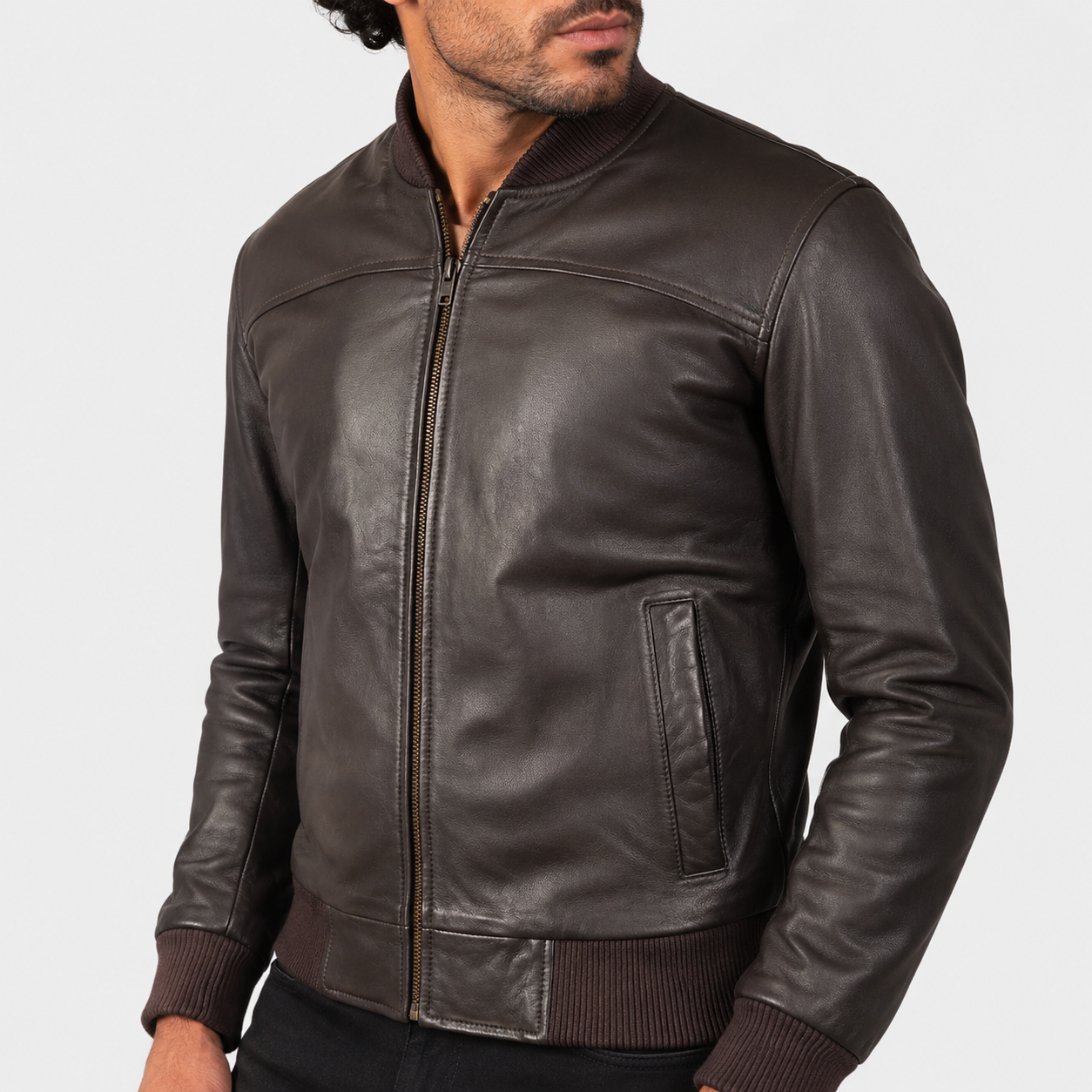 Men’s Dark Brown Sheepskin Leather Bomber Jacket with Fleece Collar