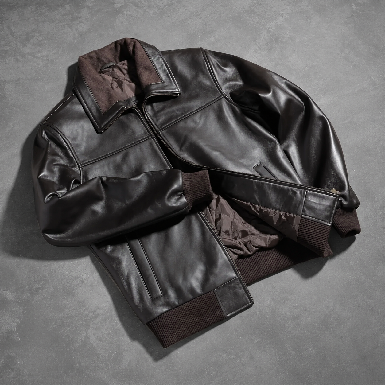 Men’s Dark Brown Sheepskin Leather Bomber Jacket with Fleece Collar