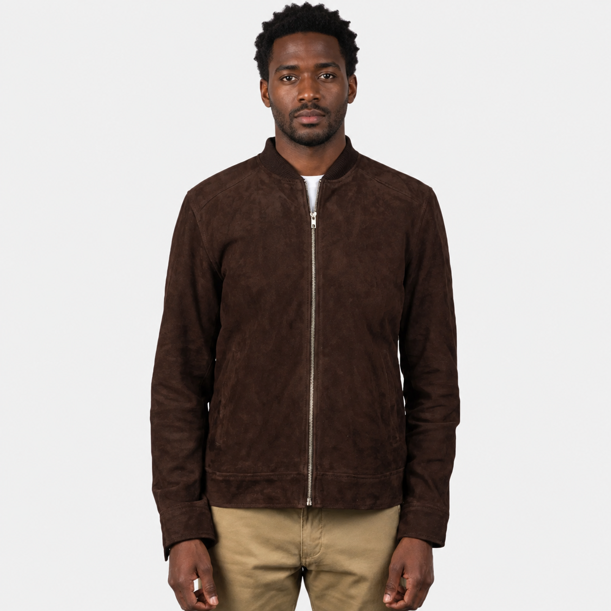 Men’s Dark Brown Goatskin Suede Bomber Jacket