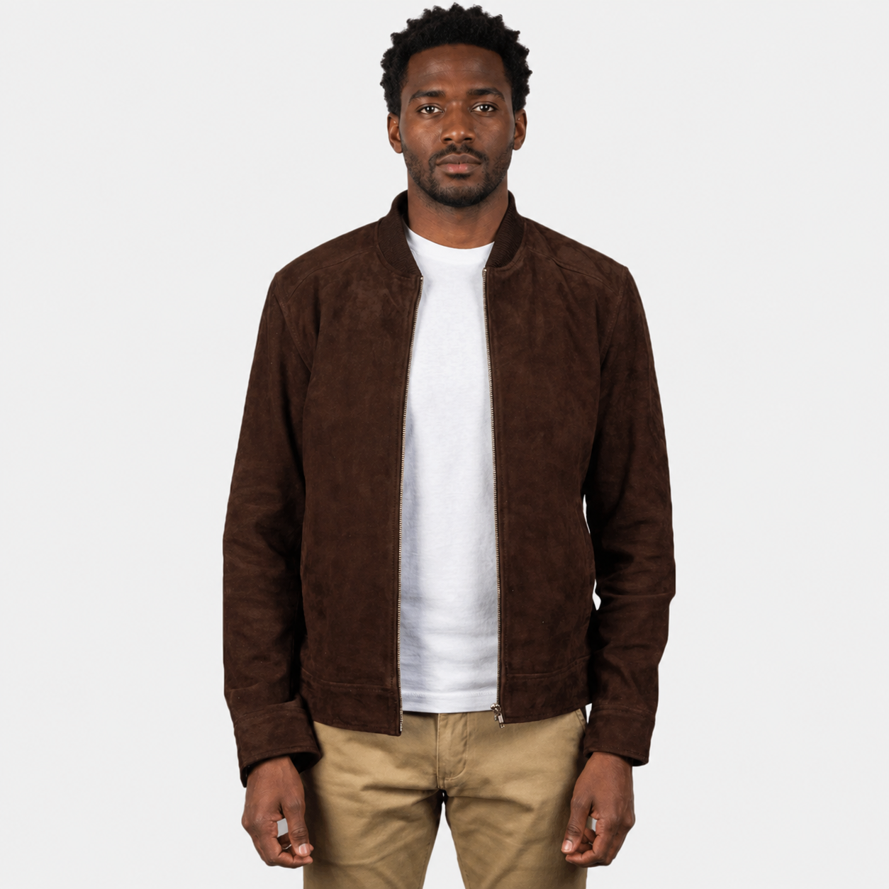 Men’s Dark Brown Goatskin Suede Bomber Jacket