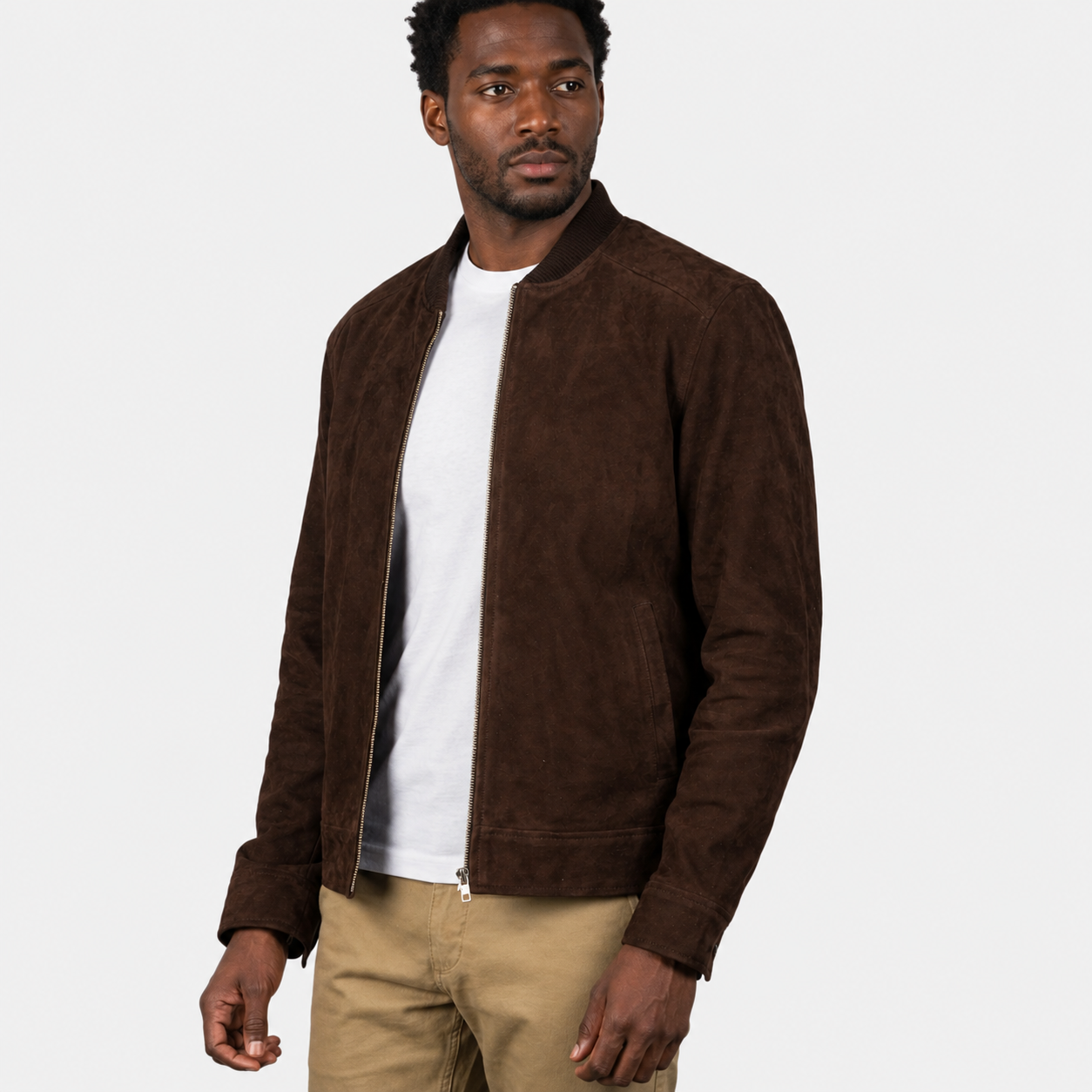 Men’s Dark Brown Goatskin Suede Bomber Jacket