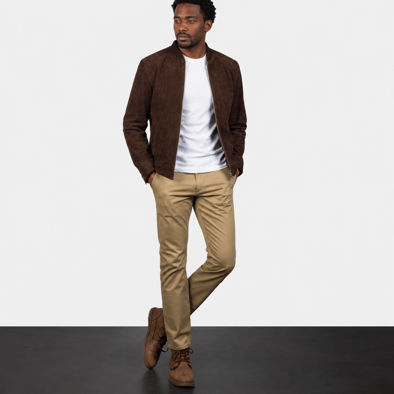 Men’s Dark Brown Goatskin Suede Bomber Jacket