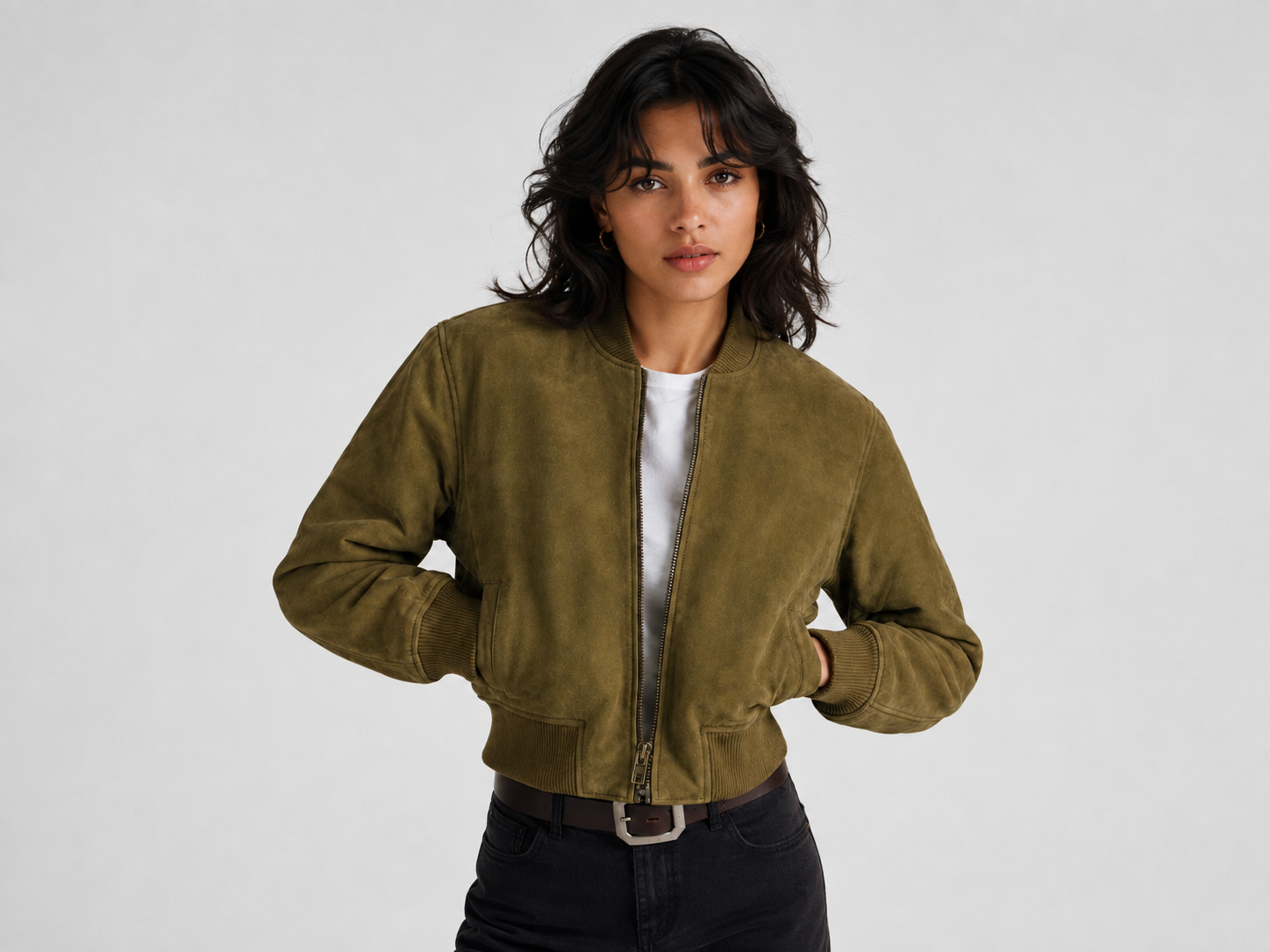 Women’s Lightweight Lamb Suede Bomber Jacket – 23 Inch