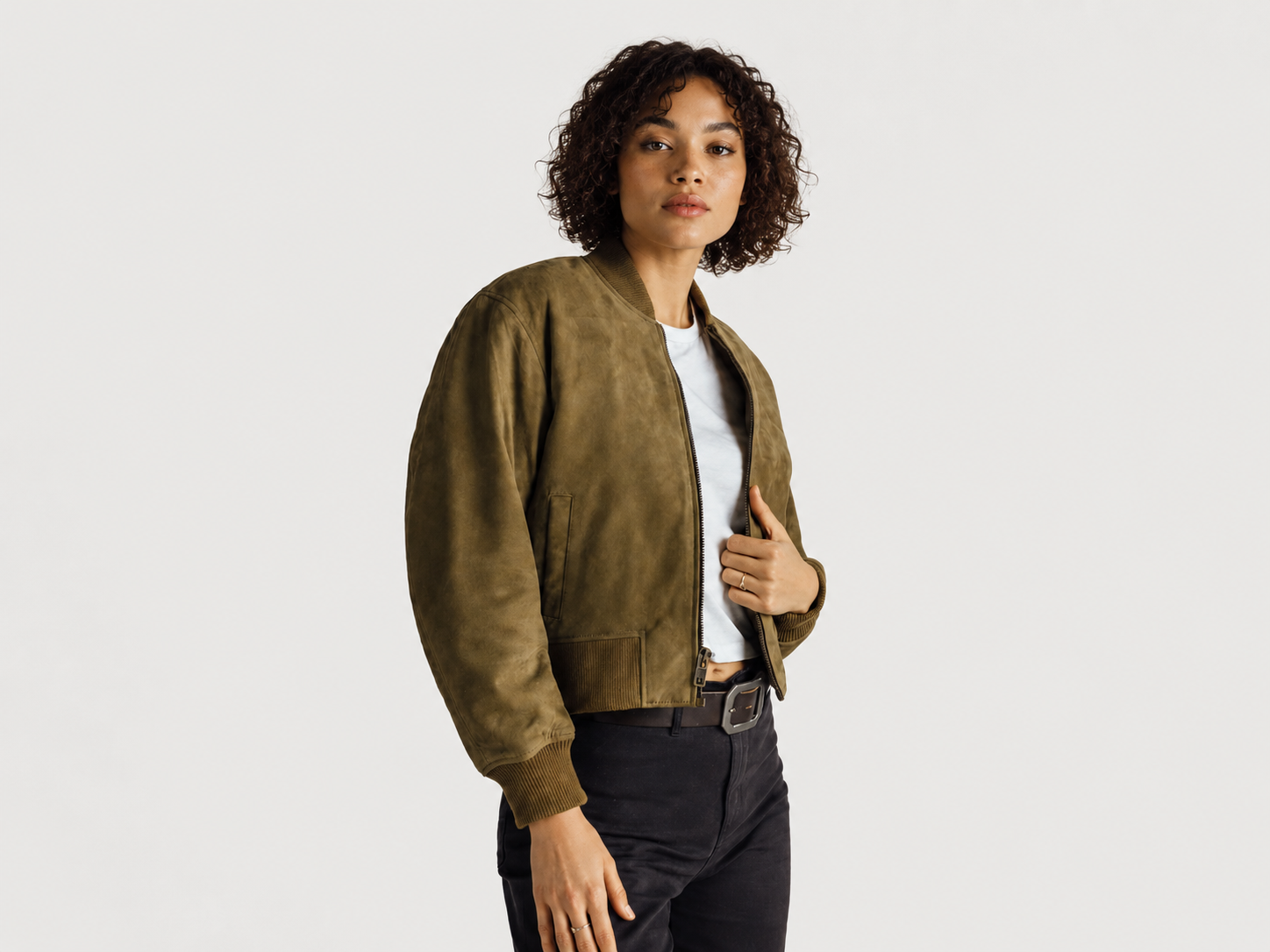 Women’s Lightweight Lamb Suede Bomber Jacket – 23 Inch