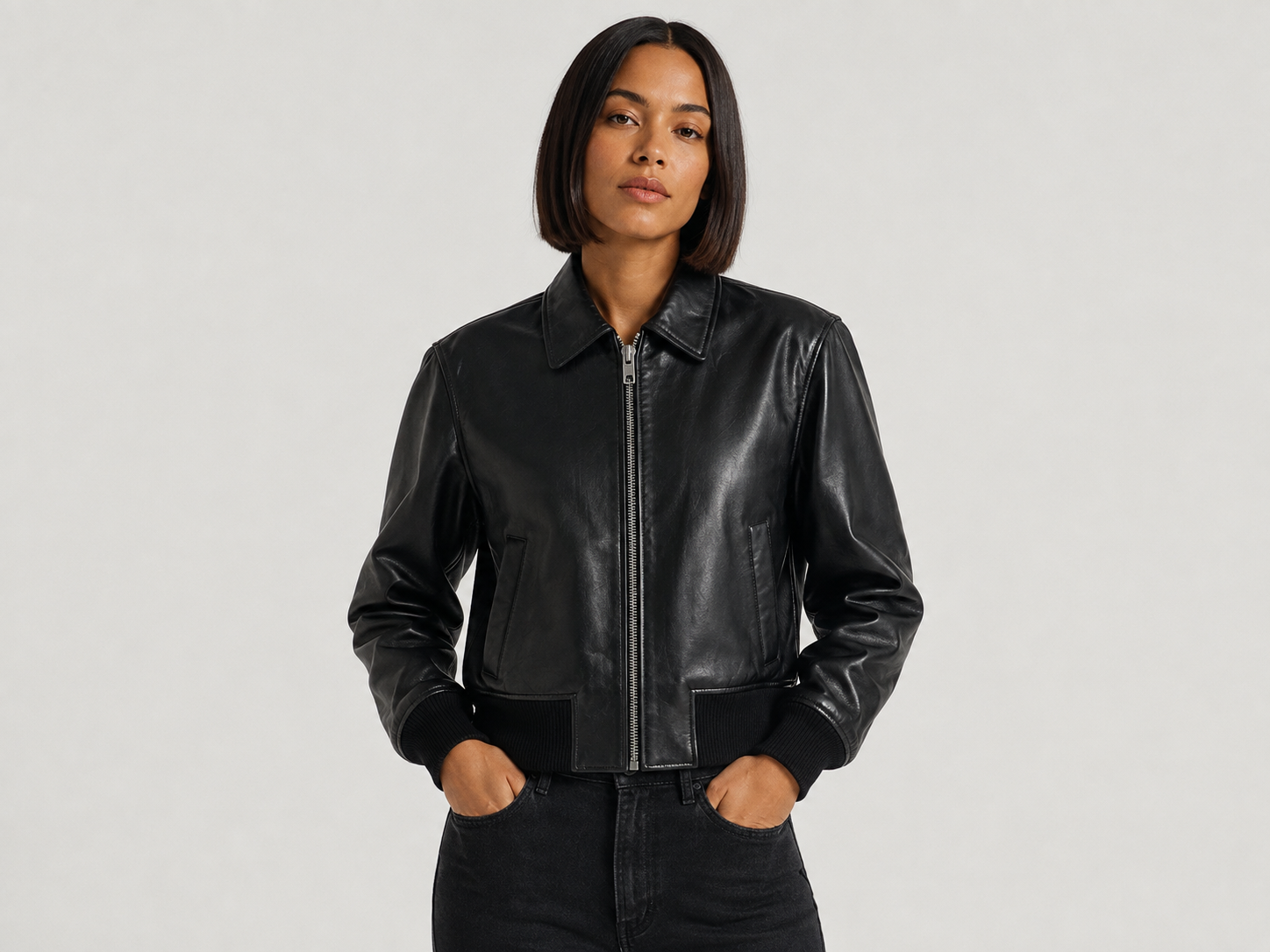 Women’s Lightweight Lambskin Leather Bomber Jacket – 23 Inch