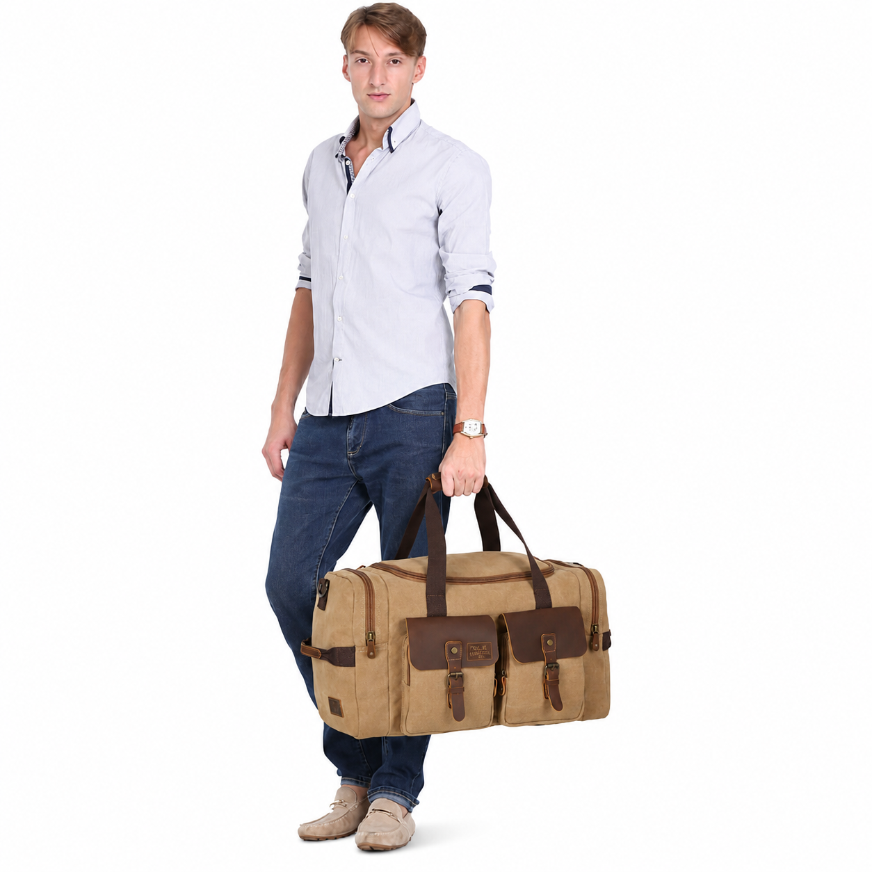 Canvas Cowhide Leather Duffel Bag