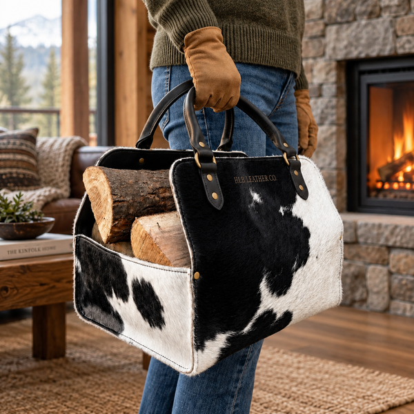 Hair-On-Hide Leather Firewood Carrier – Waxed Canvas Log Tote