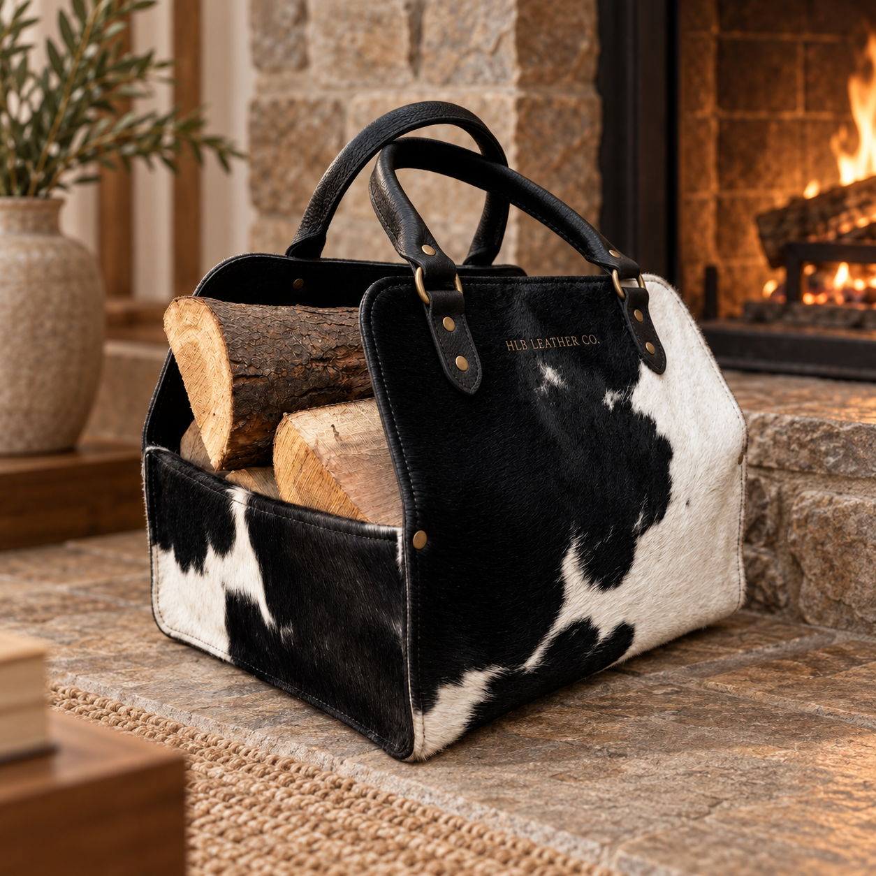 Hair-On-Hide Leather Firewood Carrier – Waxed Canvas Log Tote