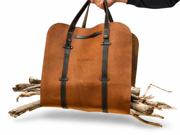 Full-Grain Leather Firewood Carrier with Wood Handles