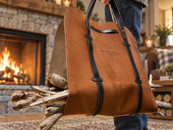 Full-Grain Leather Firewood Carrier with Wood Handles