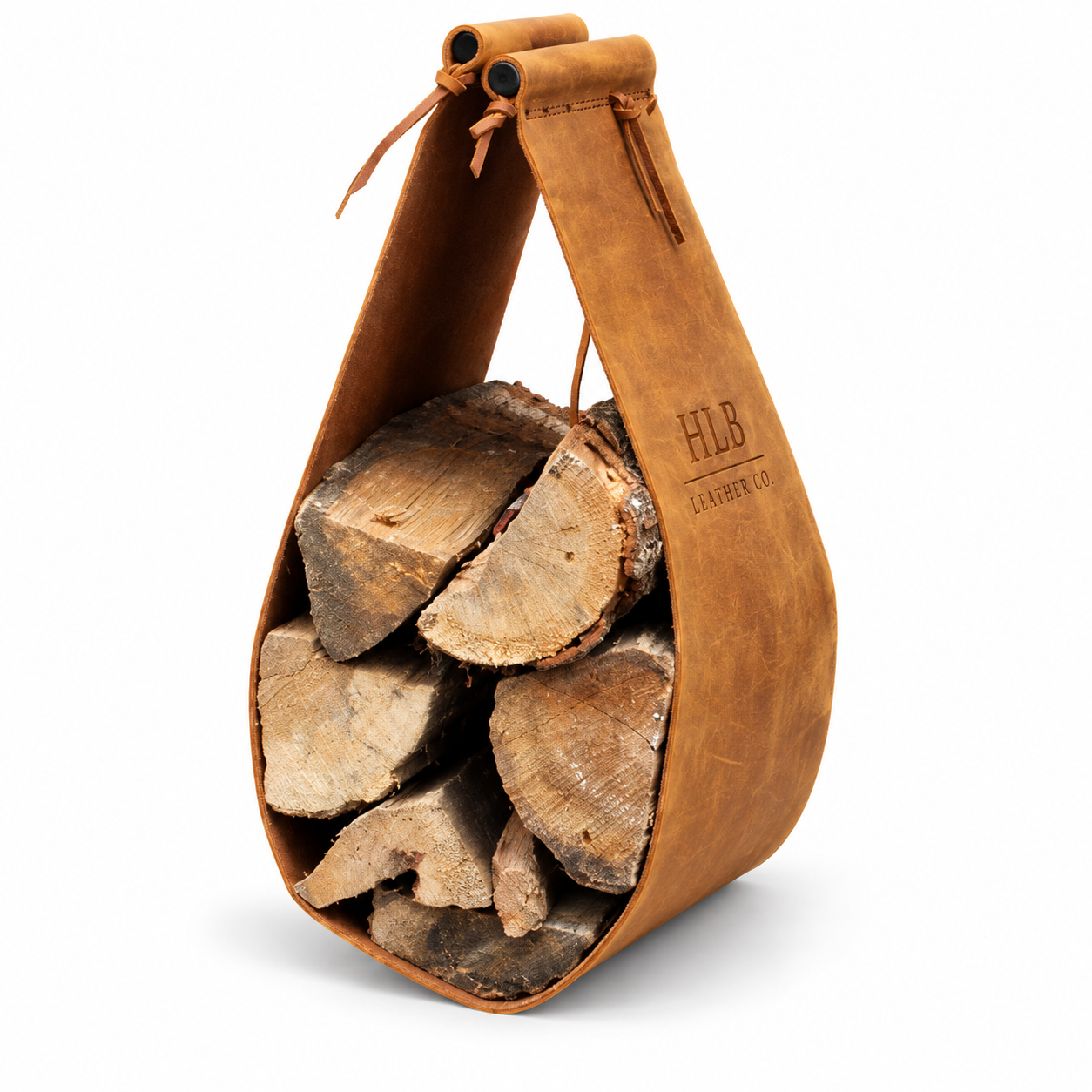 Classic Cowhide Leather Firewood Carrier with Wooden Handles