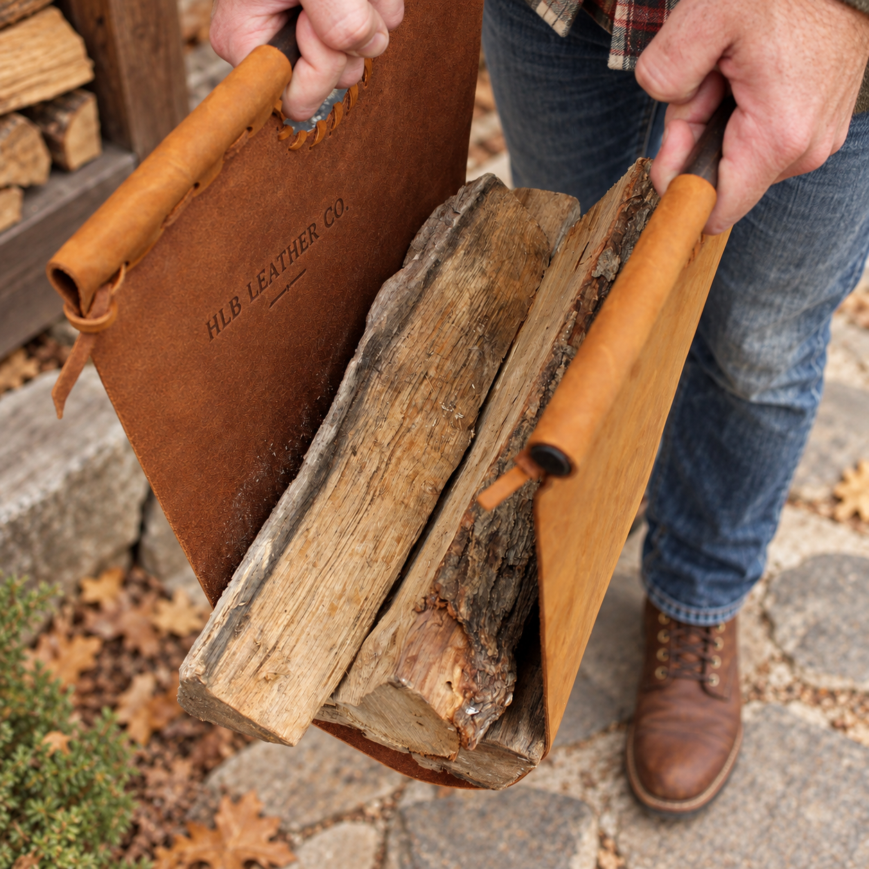 Classic Cowhide Leather Firewood Carrier with Wooden Handles