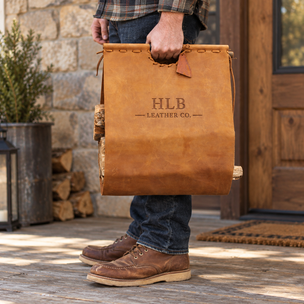 Classic Cowhide Leather Firewood Carrier with Wooden Handles
