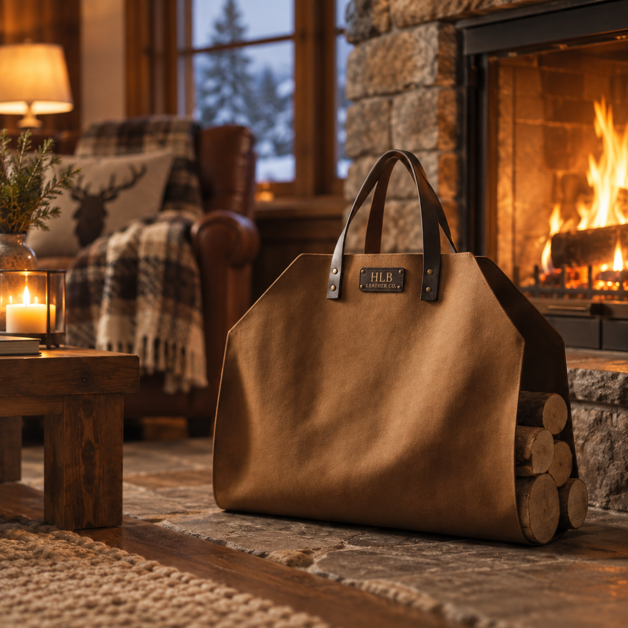 Premium Seamless Full-Grain Leather Firewood Carrier