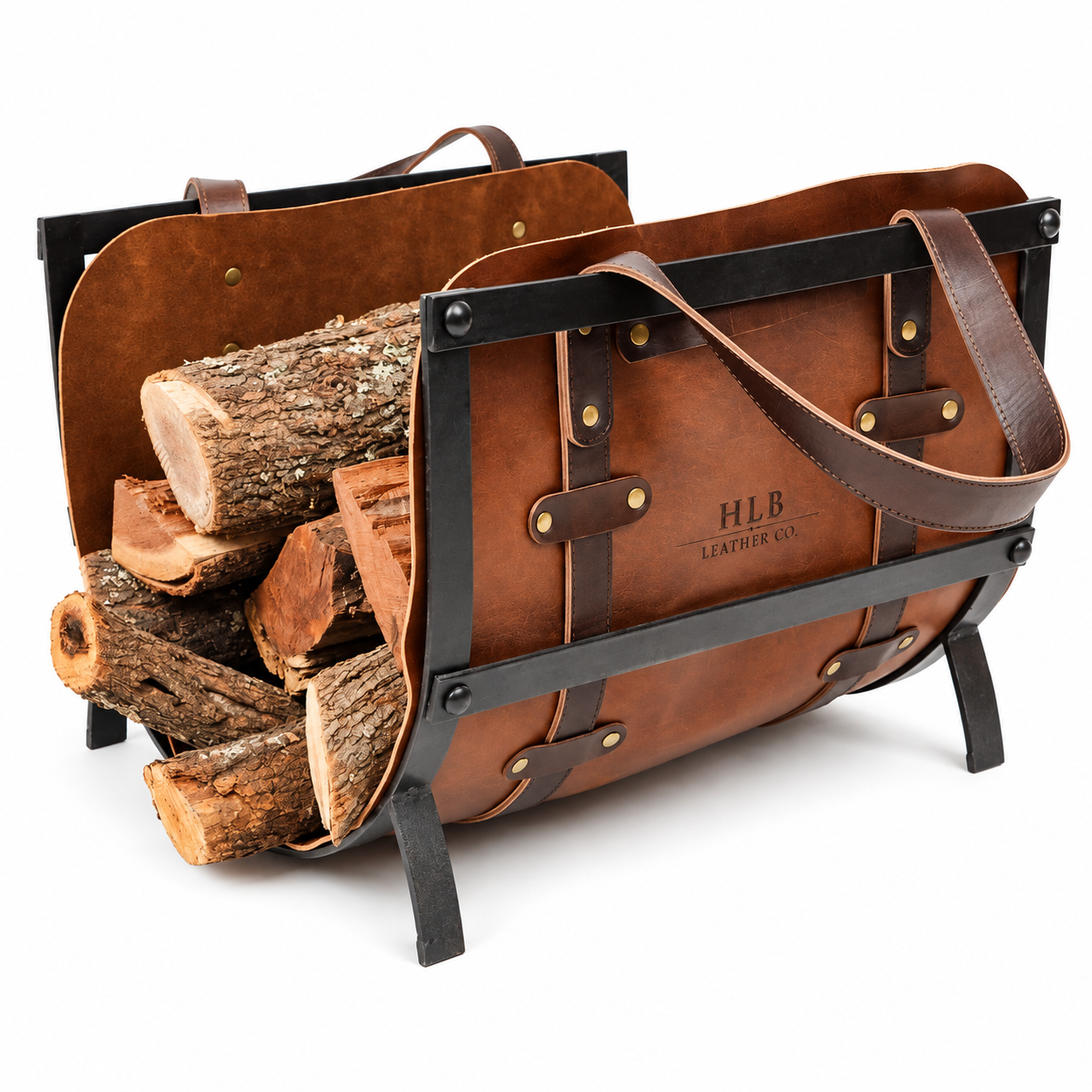 Premium Full-Grain Leather Log Carrier with Iron Stand