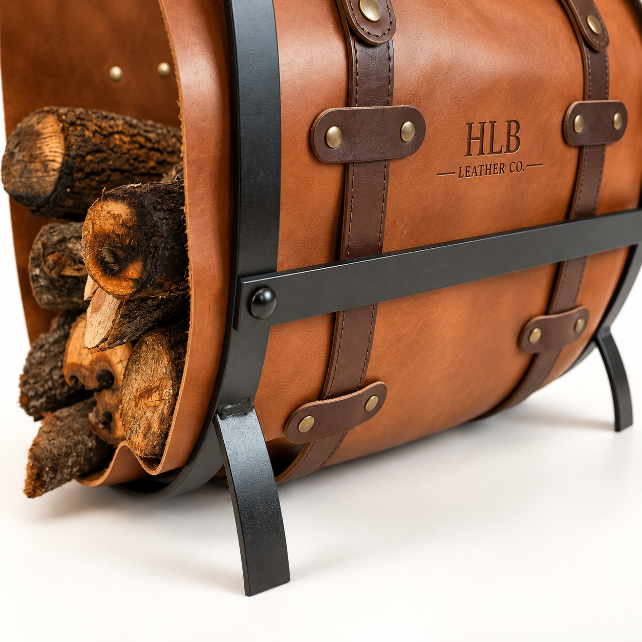 Premium Full-Grain Leather Log Carrier with Iron Stand