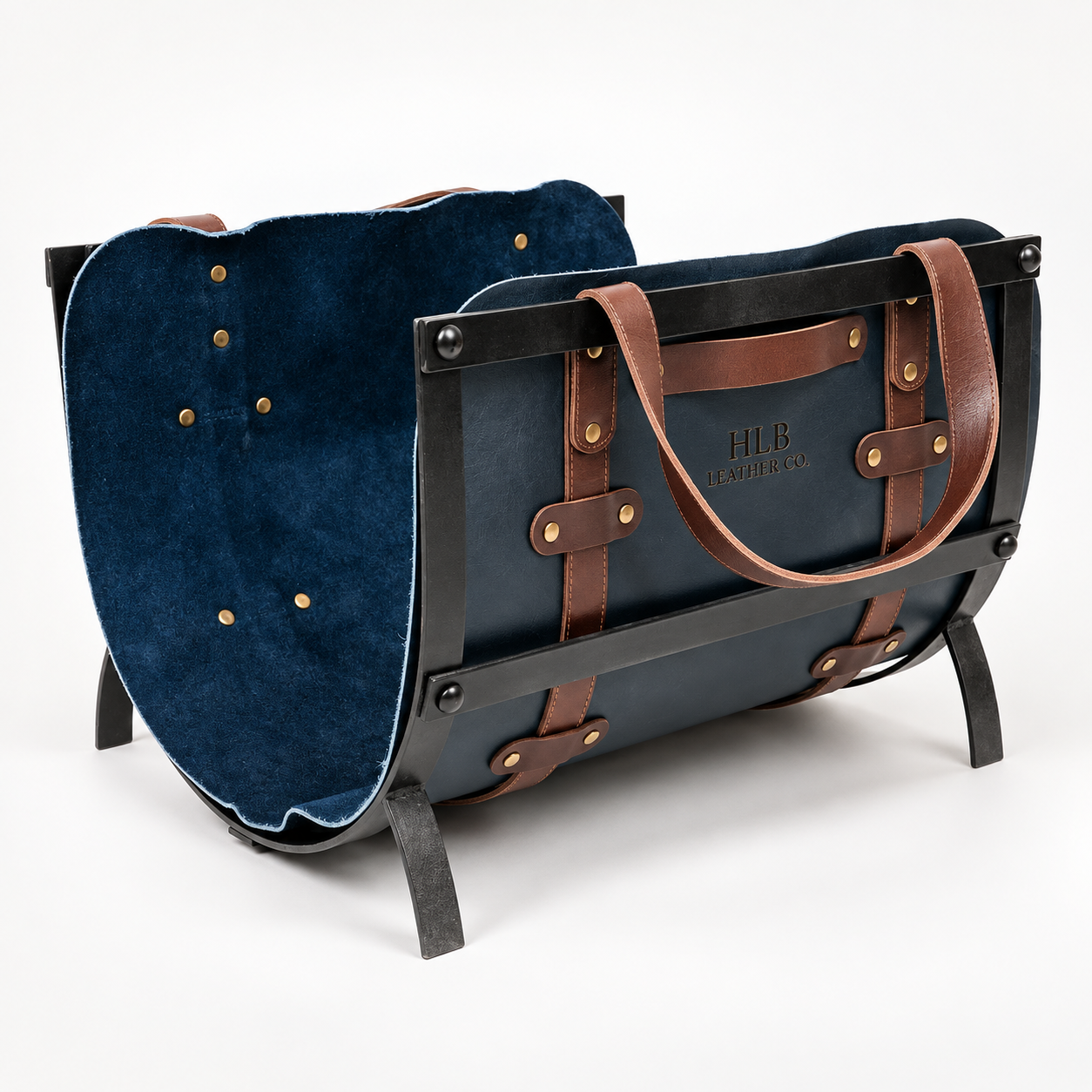 Premium Full-Grain Leather Log Carrier with Iron Stand