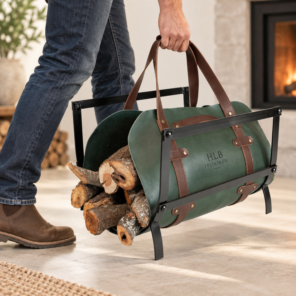 Premium Full-Grain Leather Log Carrier with Iron Stand