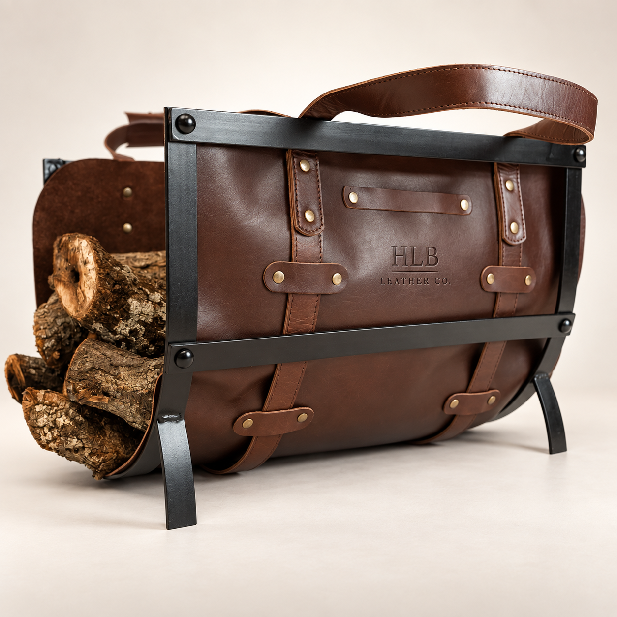 Premium Full-Grain Leather Log Carrier with Iron Stand