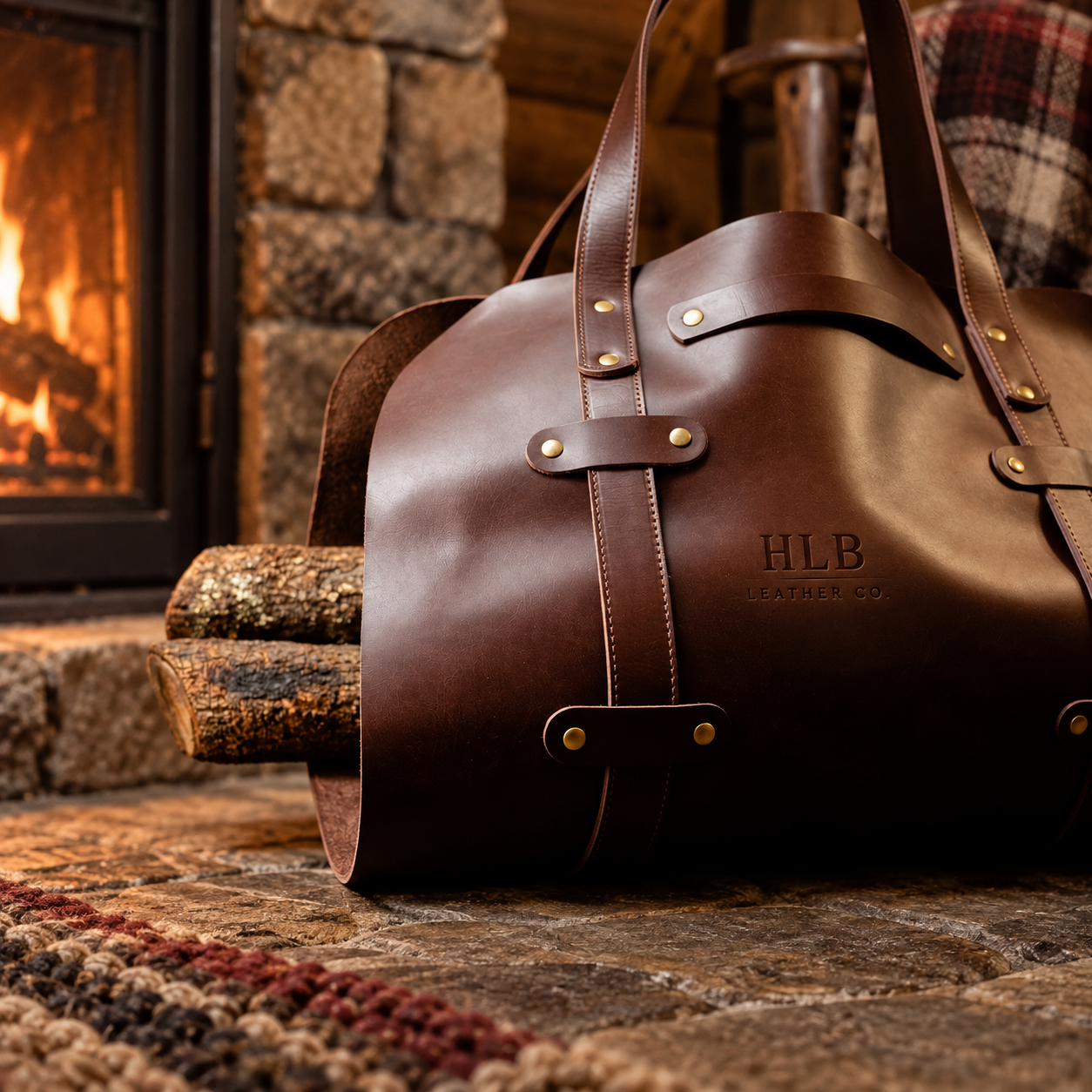 Premium Full-Grain Leather Log Carrier with Iron Stand