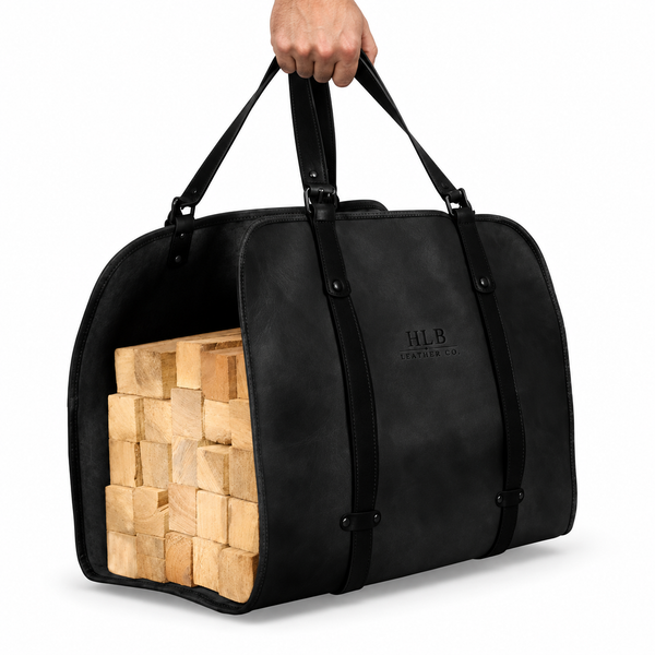 Heavy-Duty Black Leather Firewood Carrier
