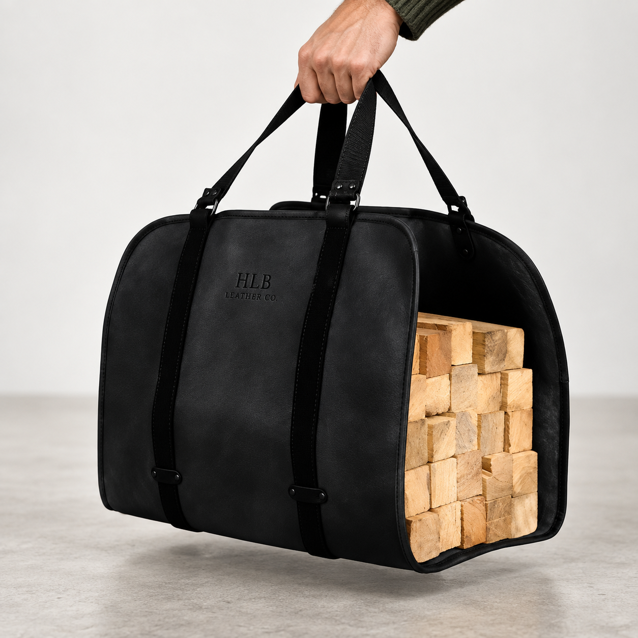 Heavy-Duty Black Leather Firewood Carrier