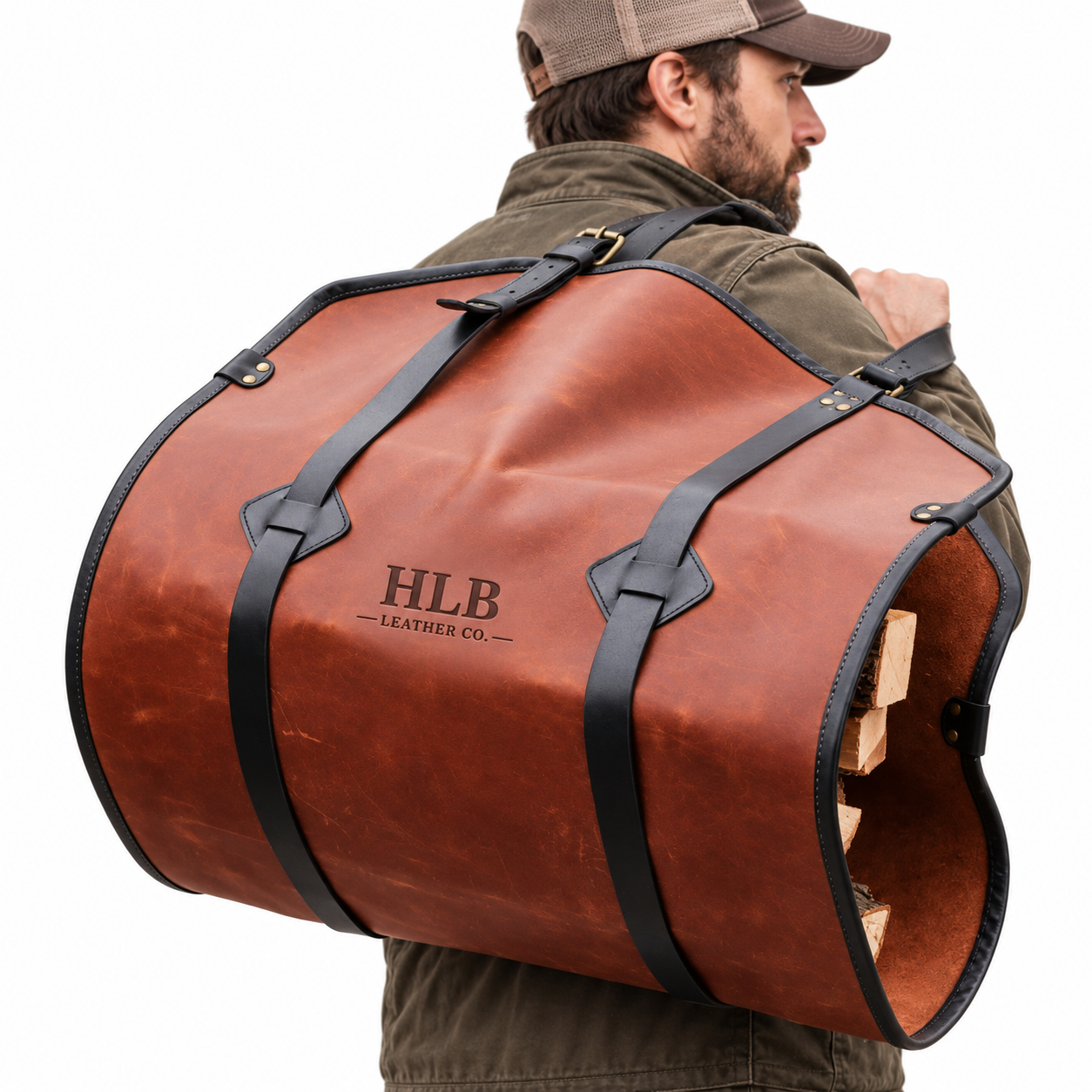 Premium Brown Full-Grain Leather Firewood Carrier