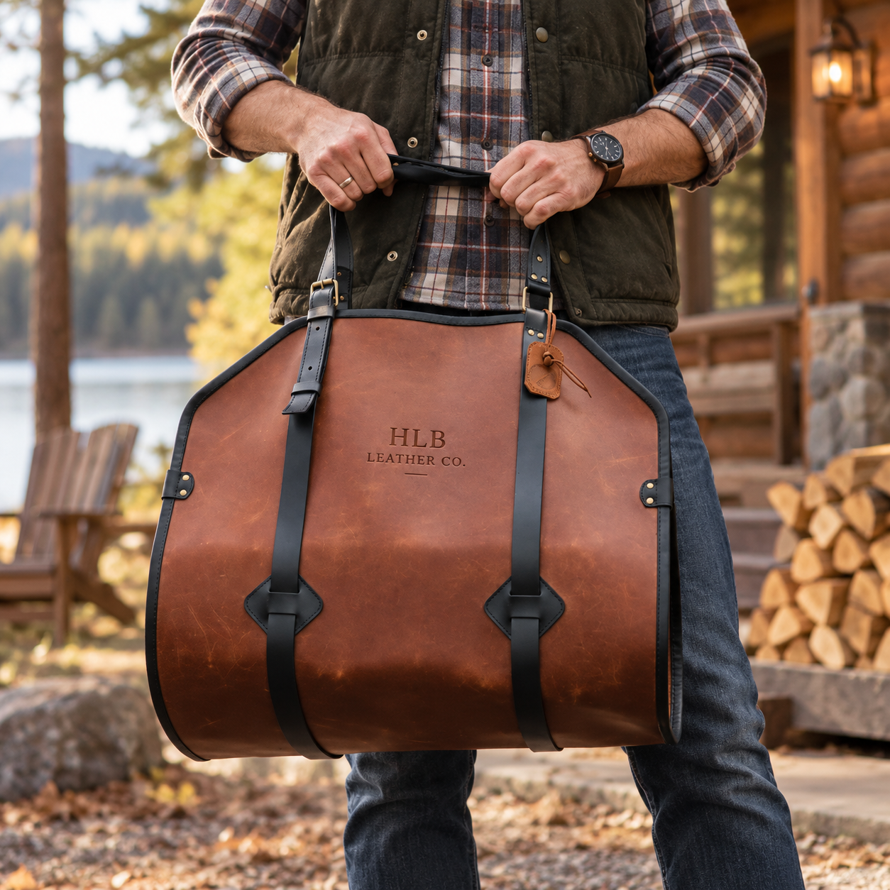 Premium Brown Full-Grain Leather Firewood Carrier