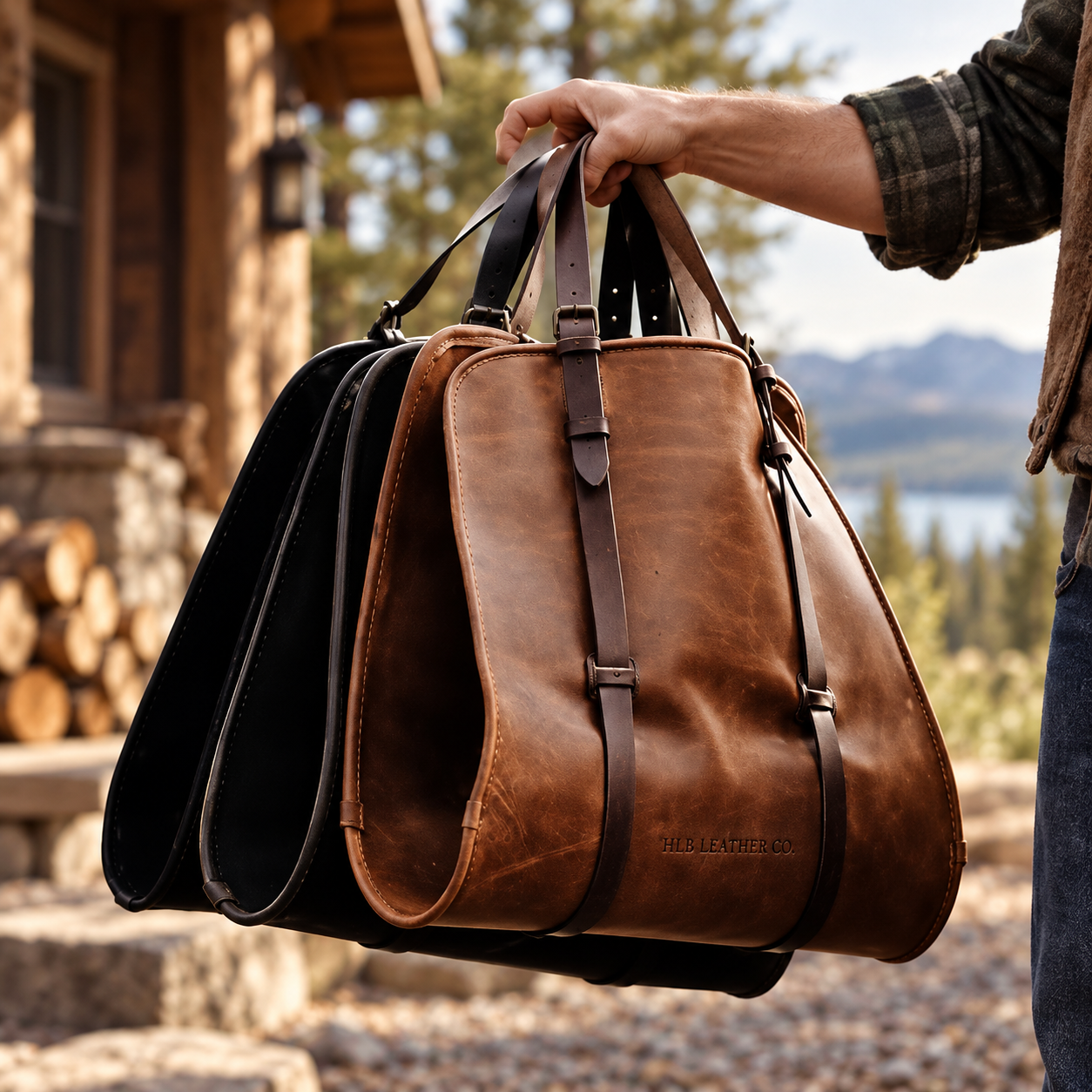 Vintage Buffalo Leather Firewood Carrier Tote