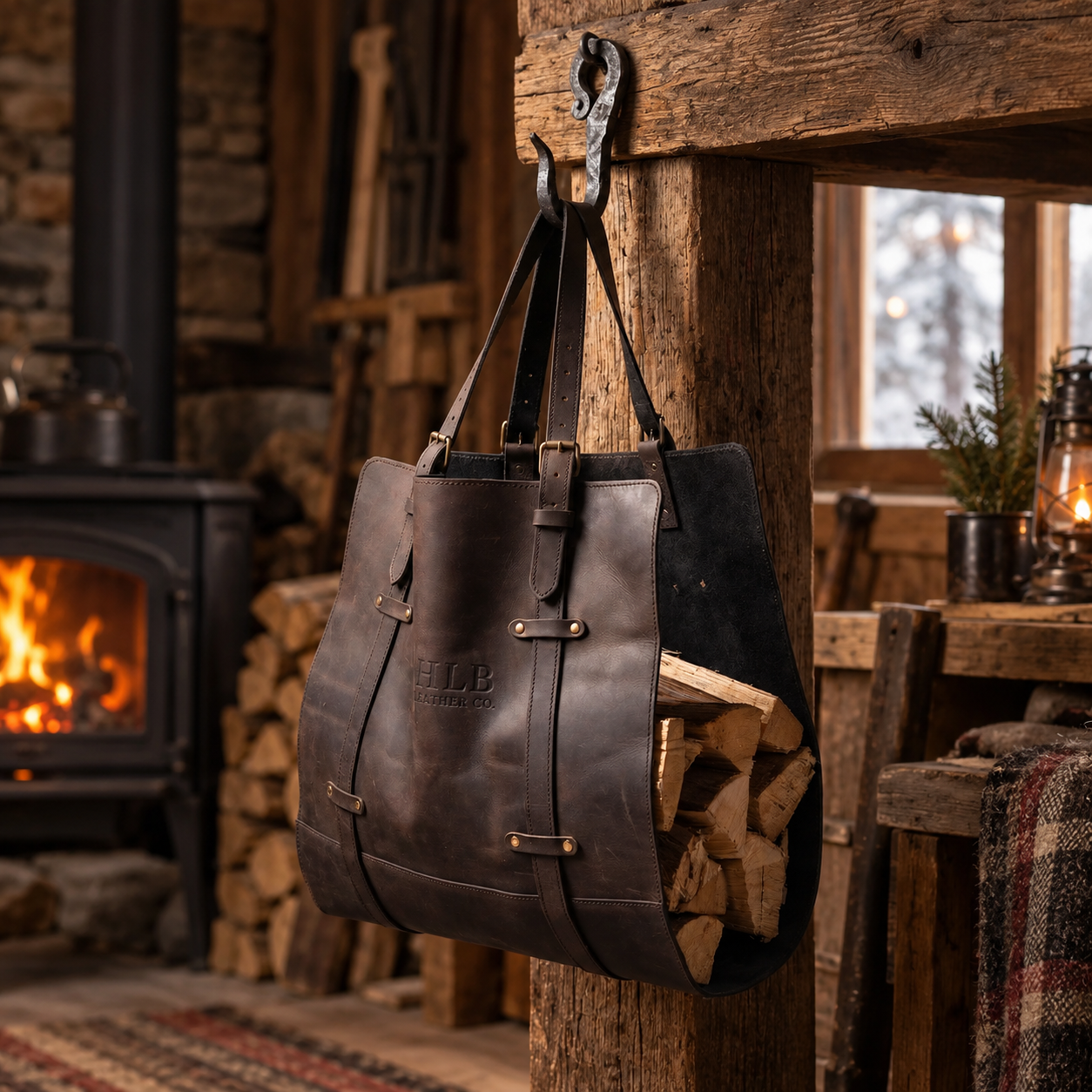 Personalized Full-Grain Leather Firewood Carrier