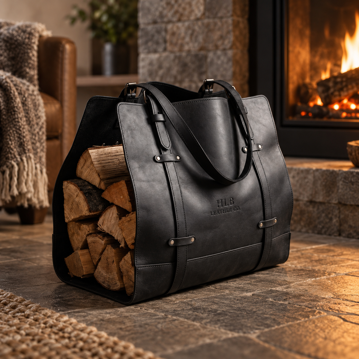 Personalized Full-Grain Leather Firewood Carrier
