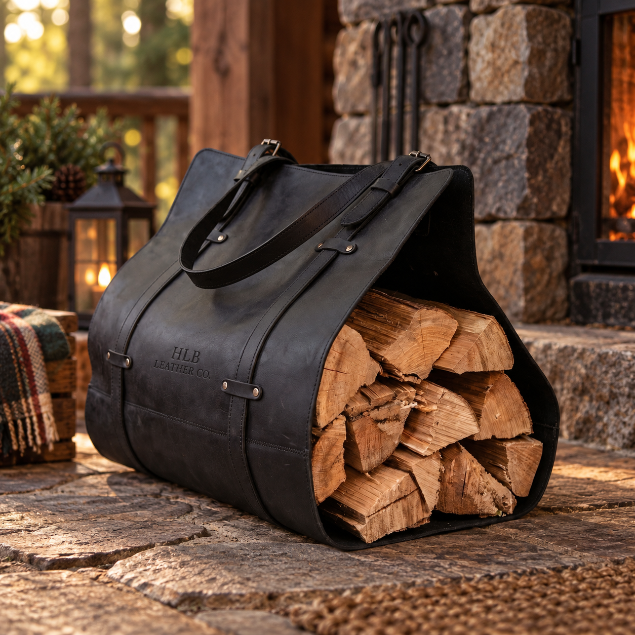 Personalized Full-Grain Leather Firewood Carrier