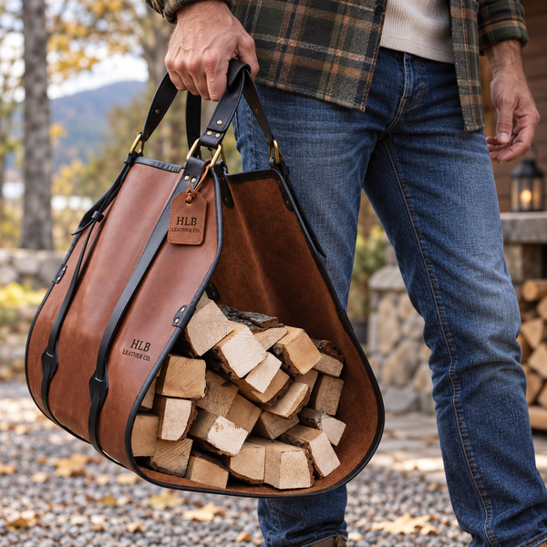 Rustic Leather Fireplace Wood Holder
