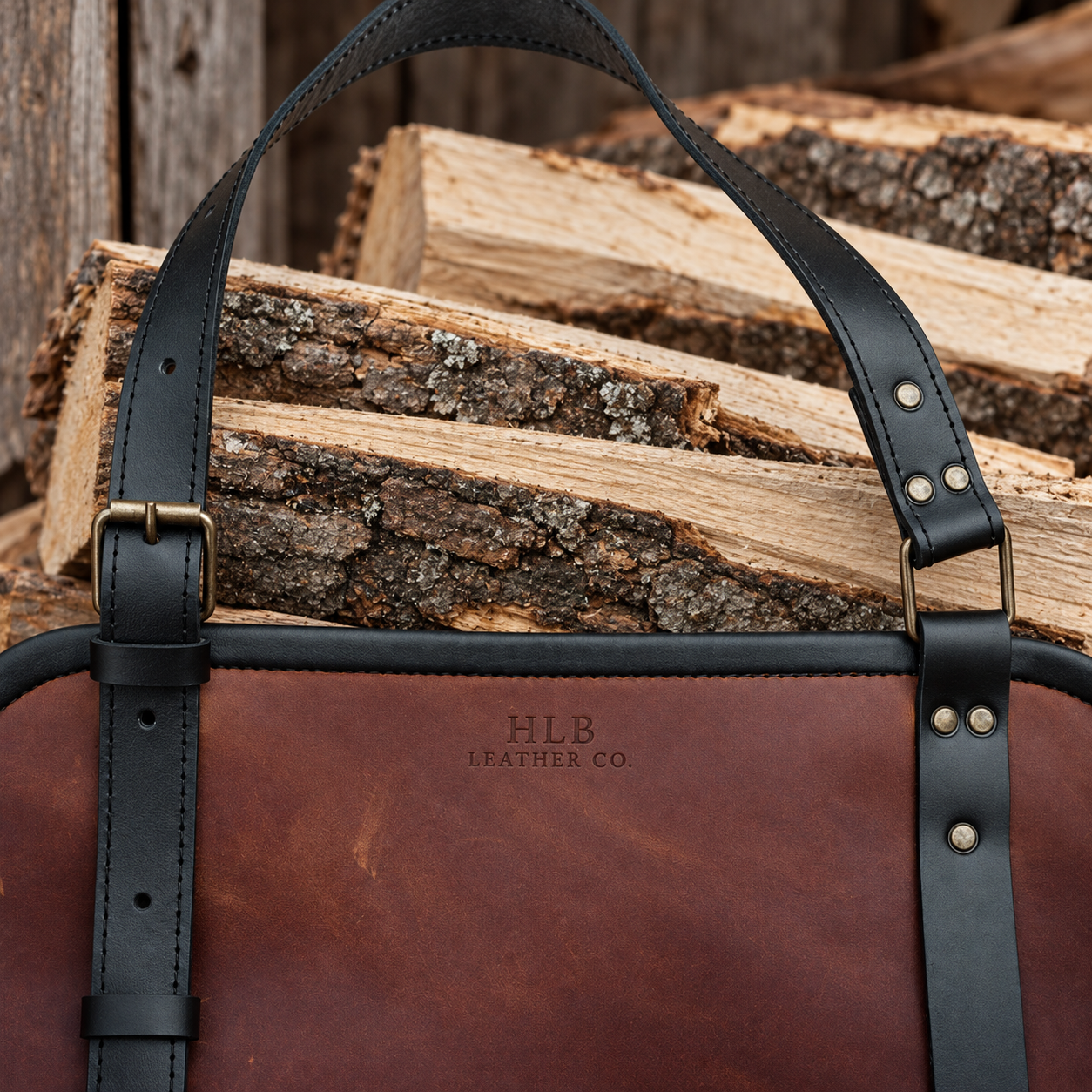 Rustic Leather Fireplace Wood Holder