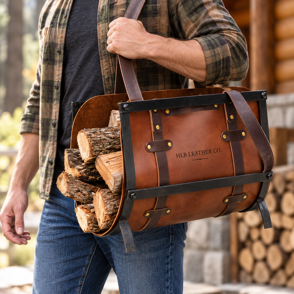 Rustic Full-Grain Leather Firewood Carrier