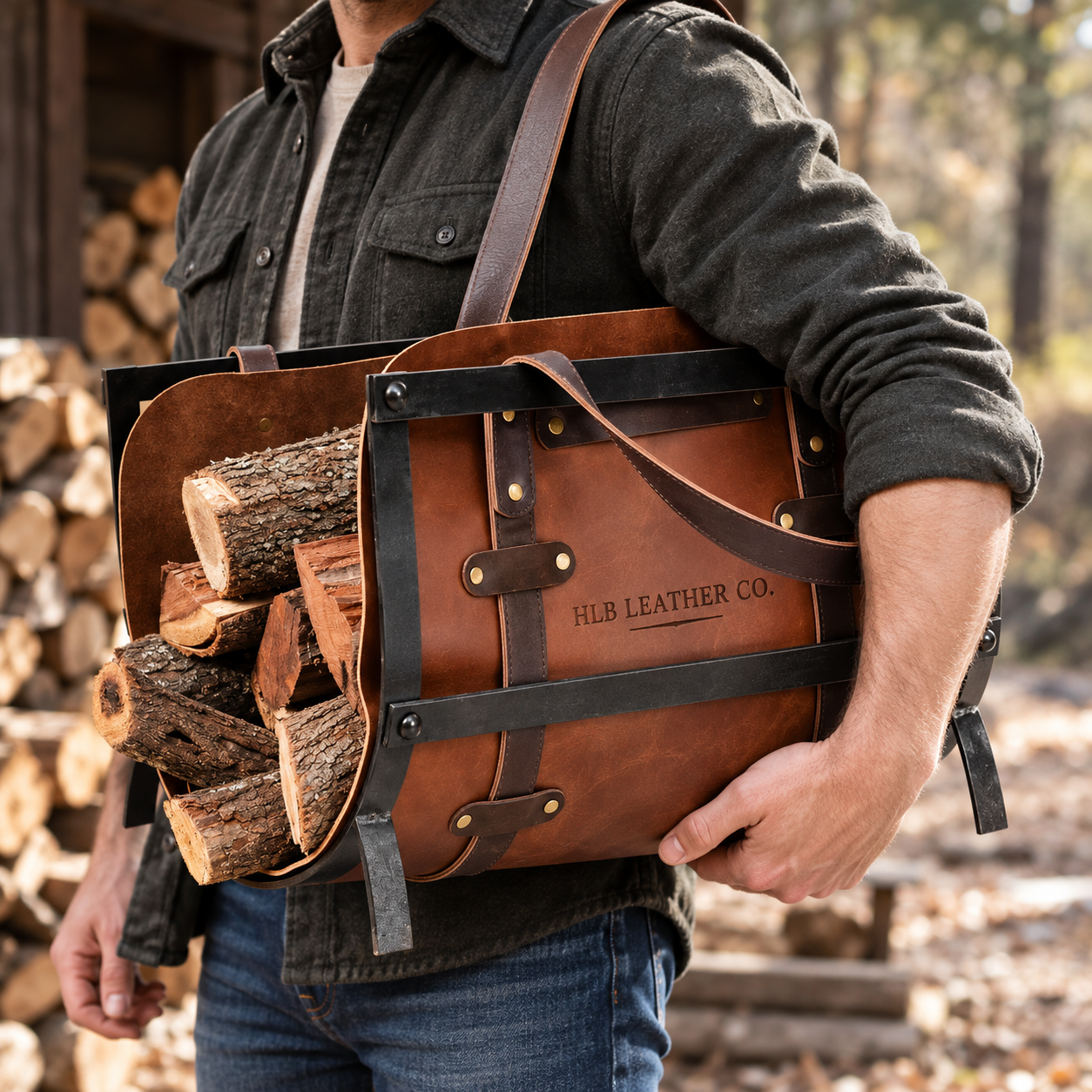 Rustic Full-Grain Leather Firewood Carrier