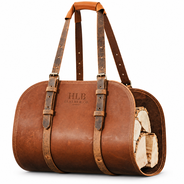 Buffalo Leather Firewood Tote with Wood Handles