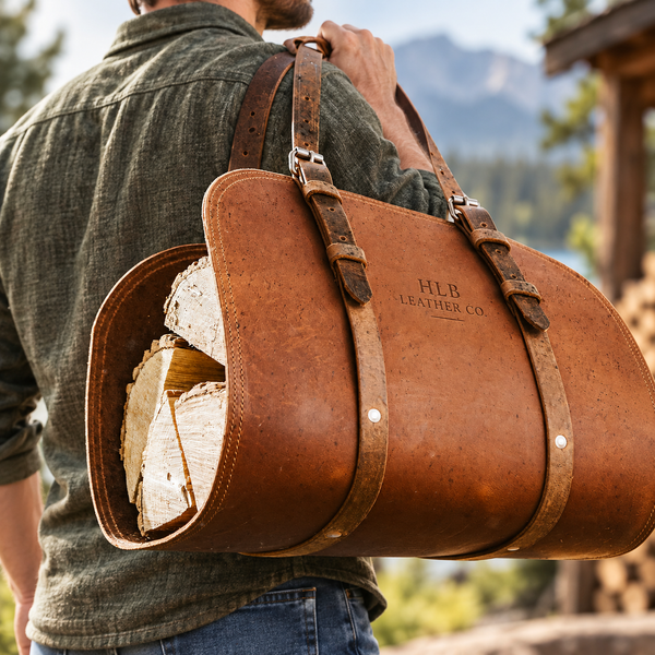 Buffalo Leather Firewood Tote with Wood Handles