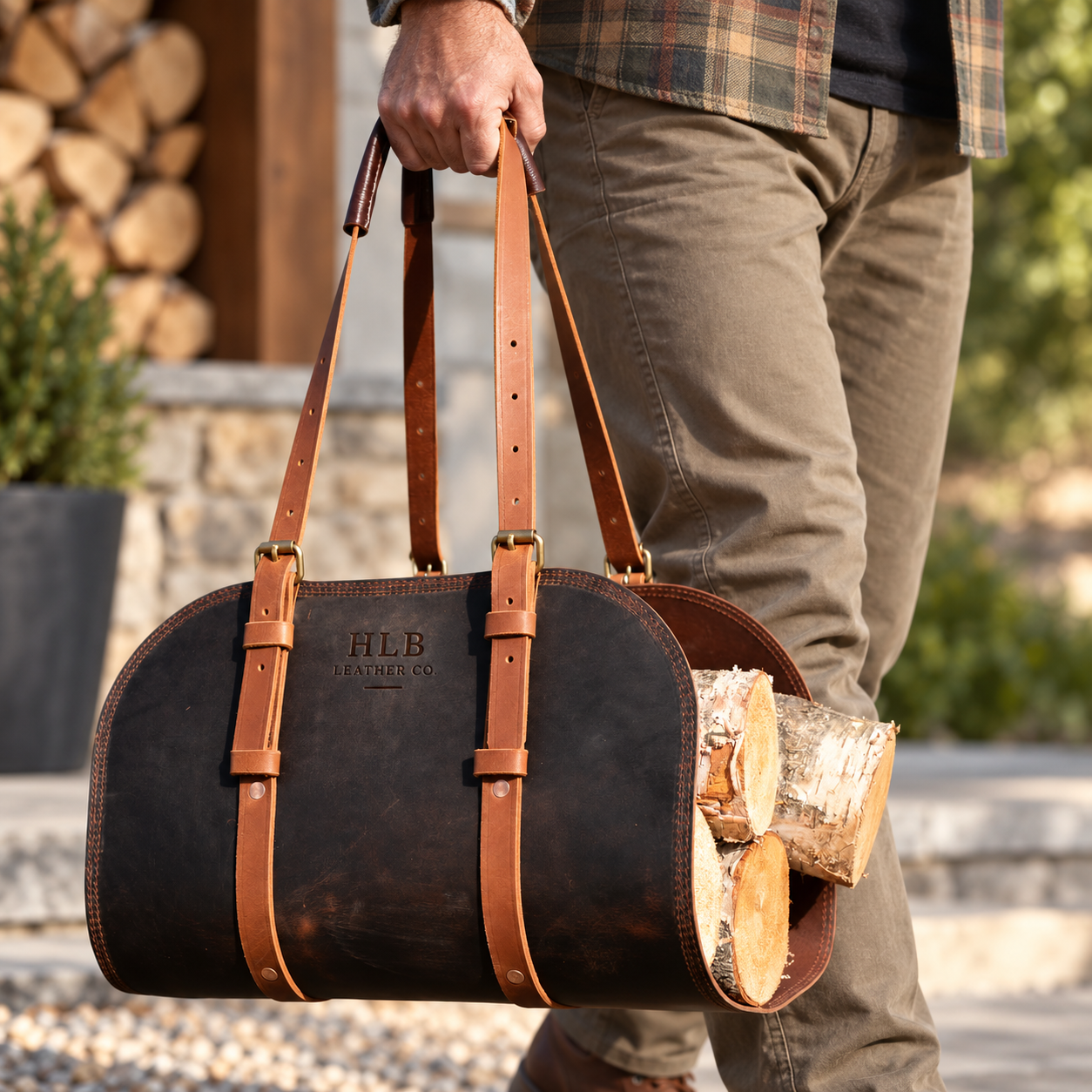 Buffalo Leather Firewood Tote with Wood Handles