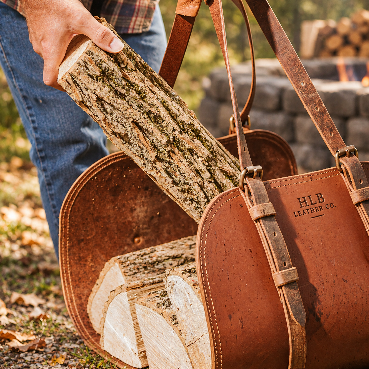Buffalo Leather Firewood Tote with Wood Handles