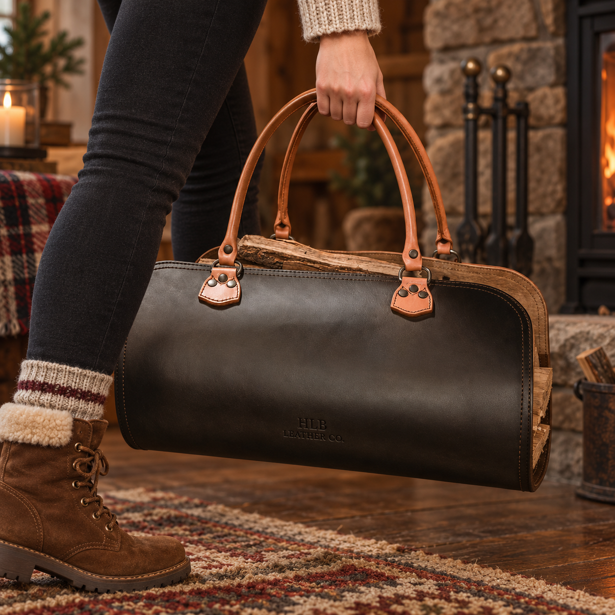 Heavy-Duty Full-Grain Leather Log Carrier