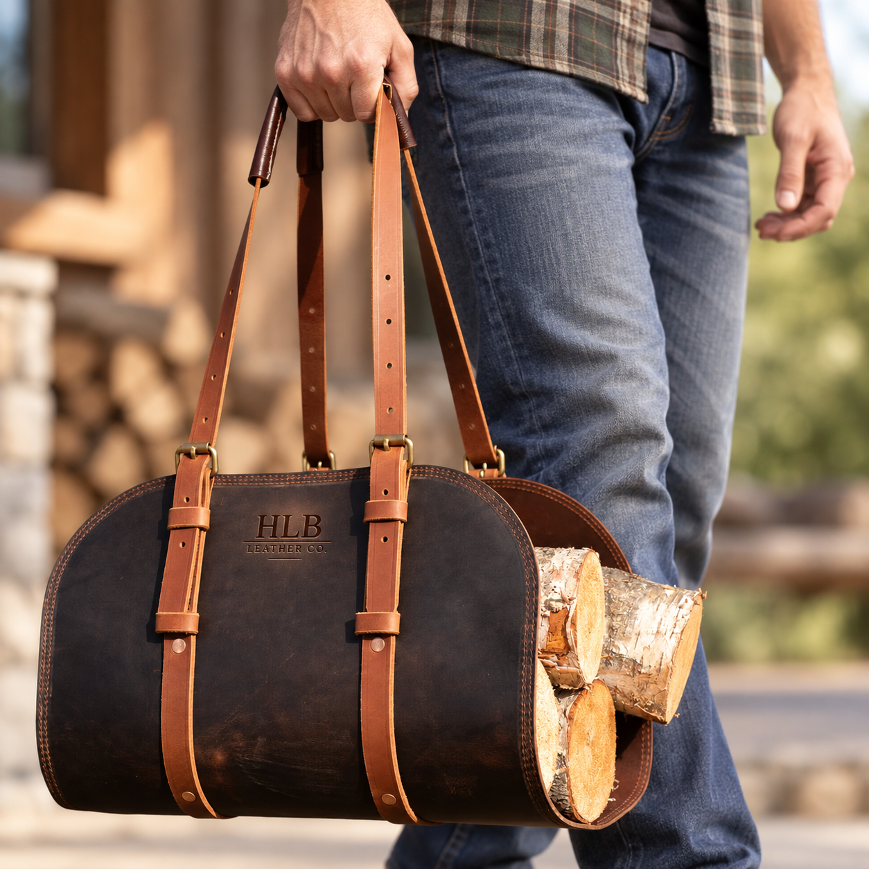 Hand Stitched Buffalo Leather Log Carrier