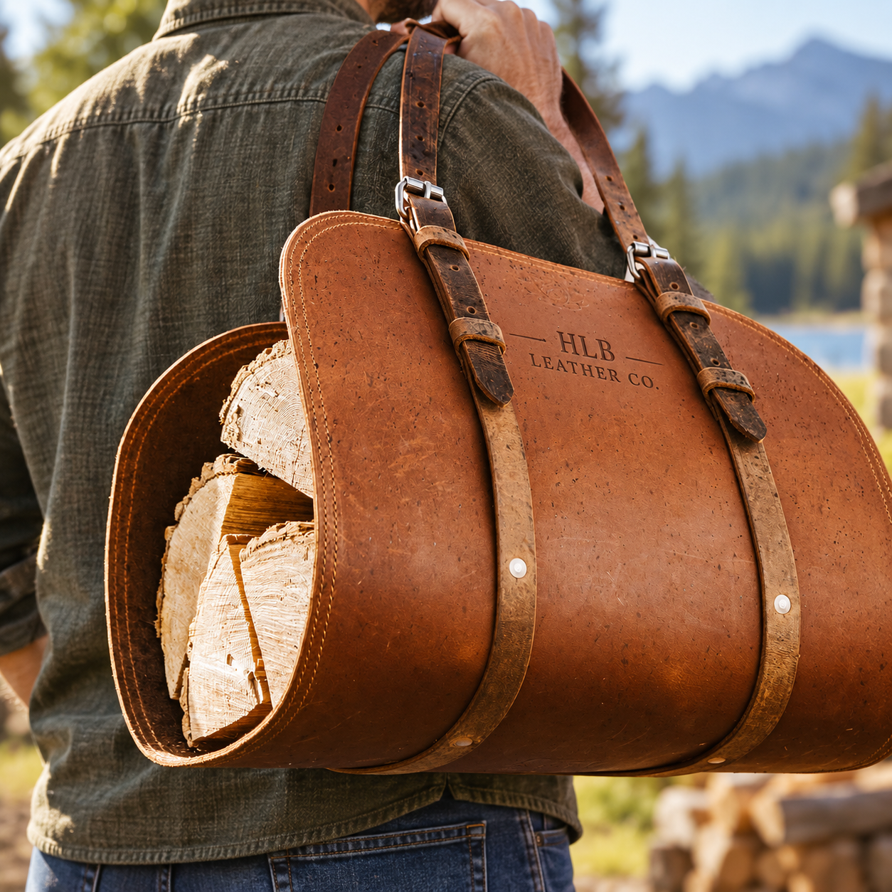 Hand Stitched Buffalo Leather Log Carrier
