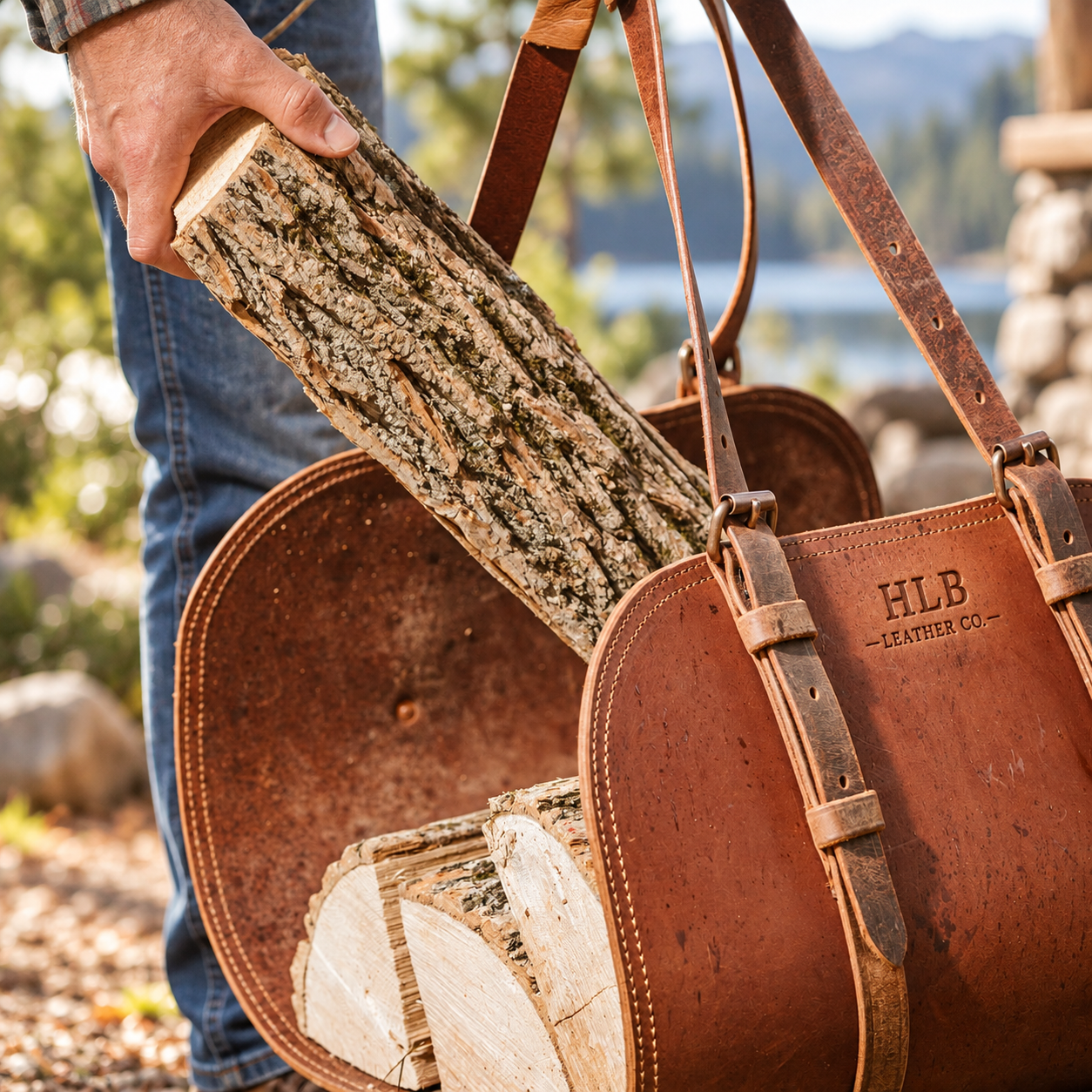Hand Stitched Buffalo Leather Log Carrier