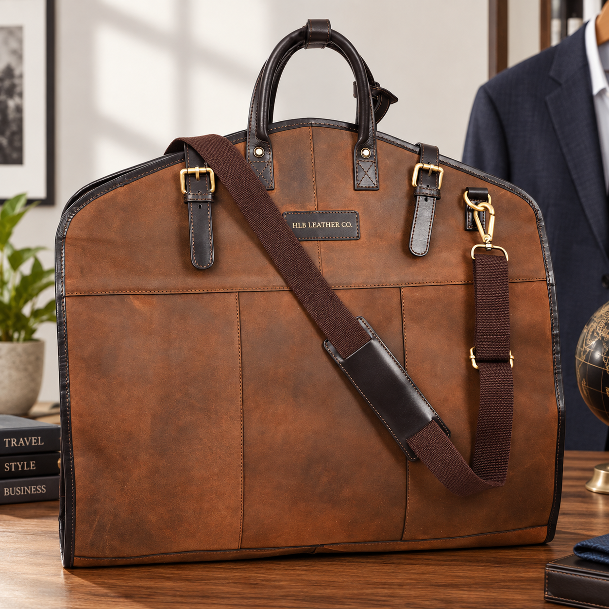 Luxury Leather Slimline Garment Carrier — Keswich Brown Vintage